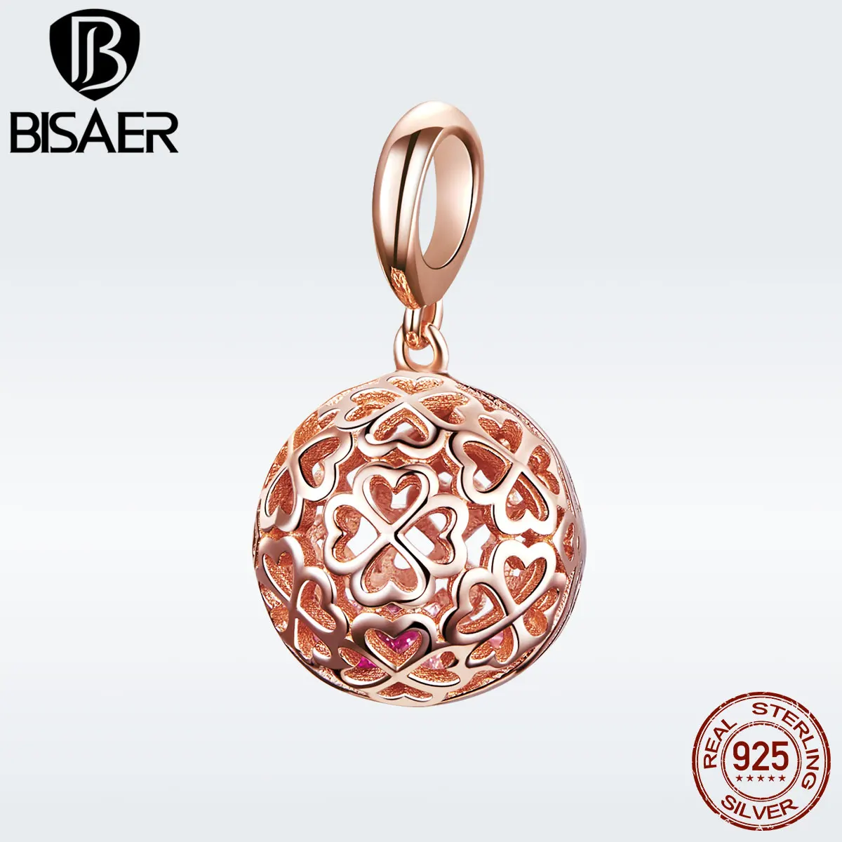 

BISAER 925 Sterling Silver Rose Gold Color Openwork Ball Pendant for Women Jewelry Charms Bracelet Fashion Jewelry GXC1127