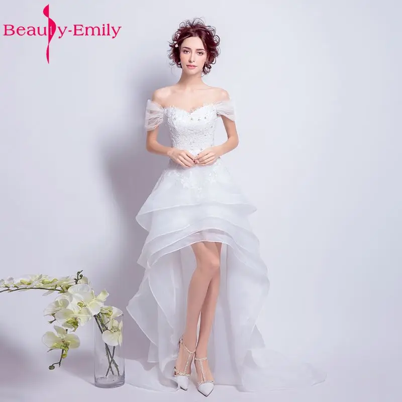 

Beauty Emily Luxury Tiered White Asymmetrical Wedding Dresses 2019 Scoop Wedding Party Bride Ceremony Dresses High Quality