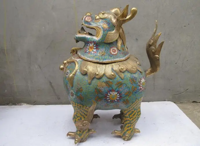 

100% Bronze cloisonne Foo Dog Lion Unicorn Kylin Palace incense burner Censer