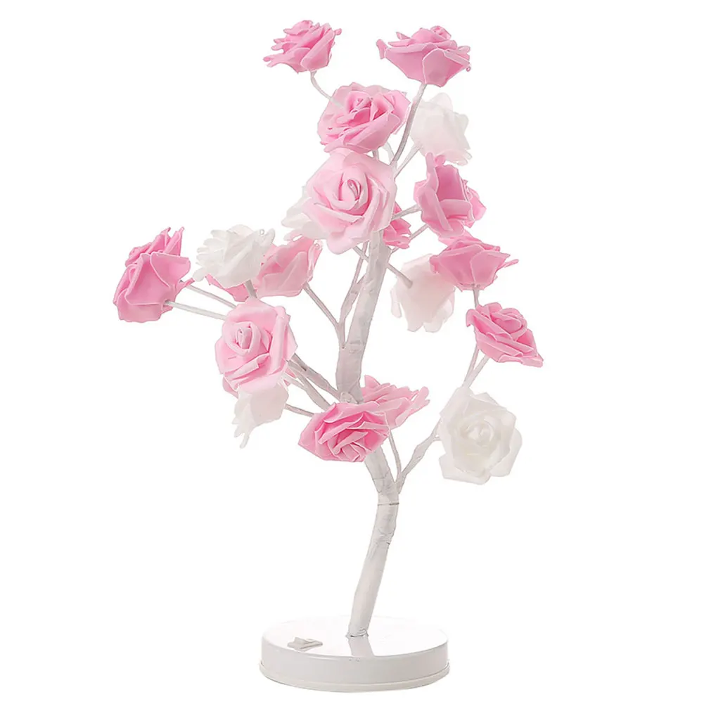 

24LED Pot Lamp Gifts Girls Wedding Stable Bedroom Artificial Rose Twig Tree Table Round Stand Night Light Home Decor Bonsai
