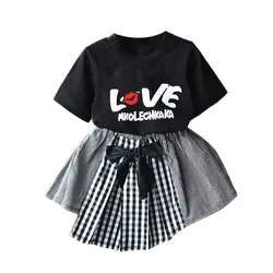 2019 Лидер продаж, футболка с короткими рукавами и буквенным принтом для маленьких девочек, топы, юбки с бантом, одежда, Прямая поставка