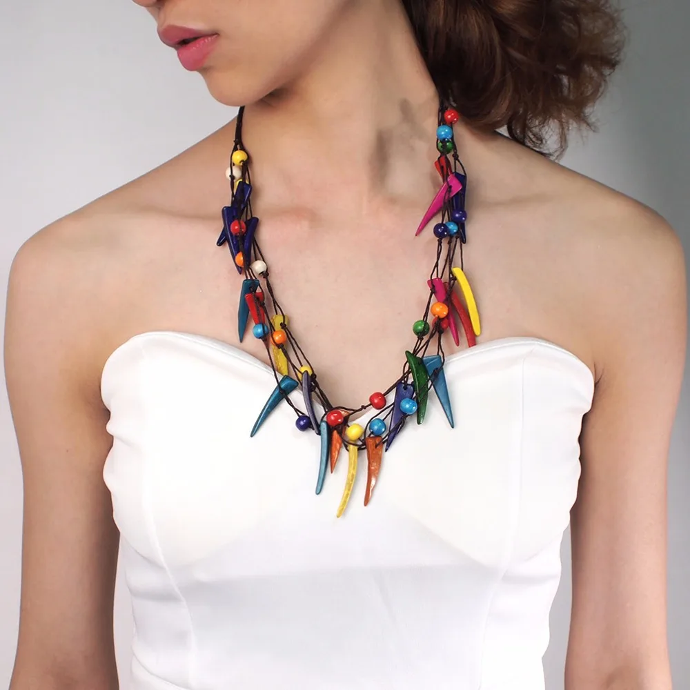 

MANILAI Boho Coconut shell Pendant Necklace Handmades Beaded Hanging Wood Bead Statement Long Necklace Ethnic Women Jewelry