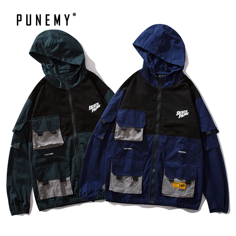 

Men Jackets Coats Windbreaks Oversize Hip Hop Multi-pockets Japanese Streetwear Harajuku Zipper Hooded Man's Cargo Jackets Coats