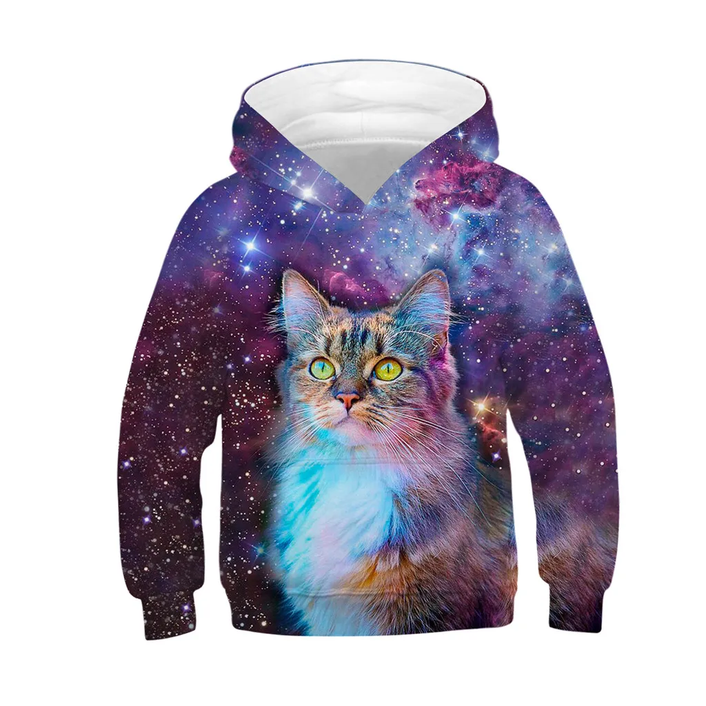 Teen Kids Girl Boy Cat Fleece Print Cartoon Sweatshirt Pocket Pullover
