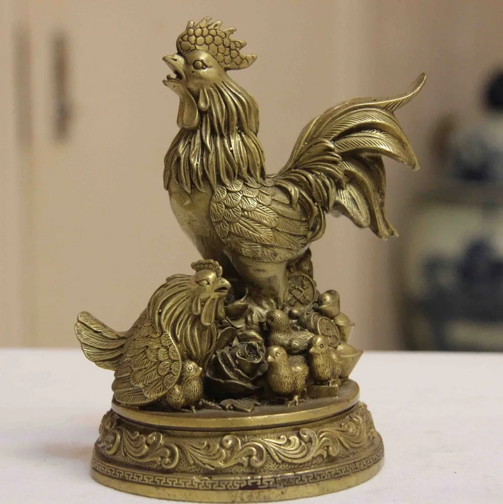 

China Folk Copper Bronze Feng shui Wealth YuanBao Zodiac Chicken Rooster Statue