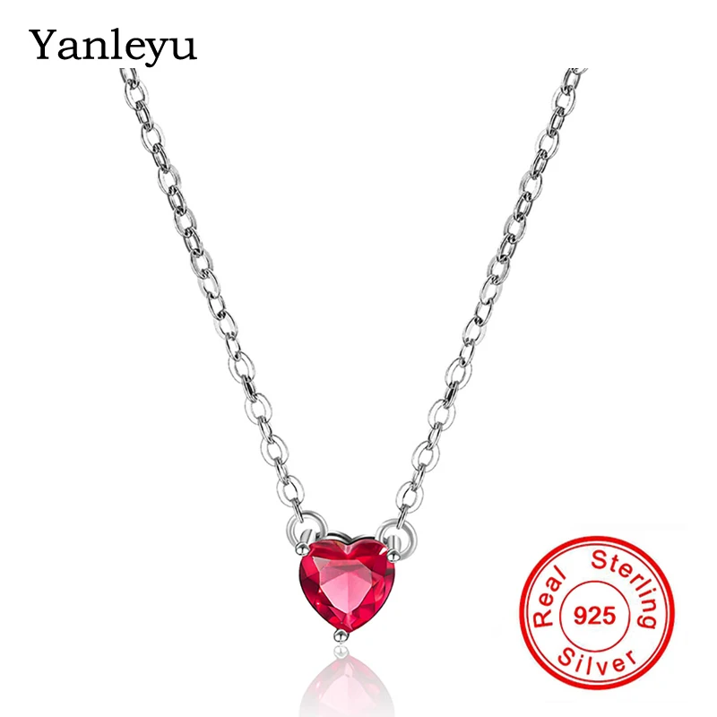 

Yanleyu Romantic Rubis Jewelry Pure 925 Sterling Silver Red Crystal CZ Zircon Heart Pendant Necklace for Women Gift PN033