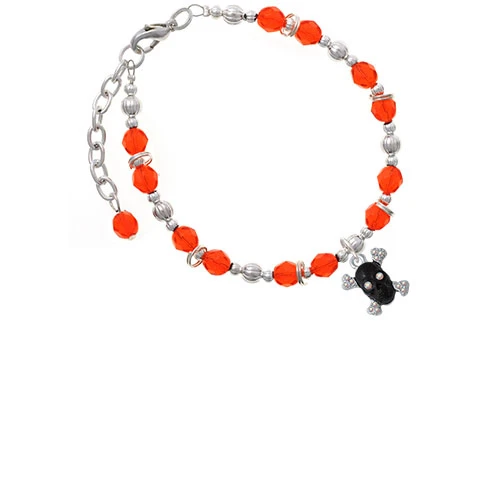 Silvertone Small Black Resin Skull with AB Crystals Orange Beaded Bracelet
