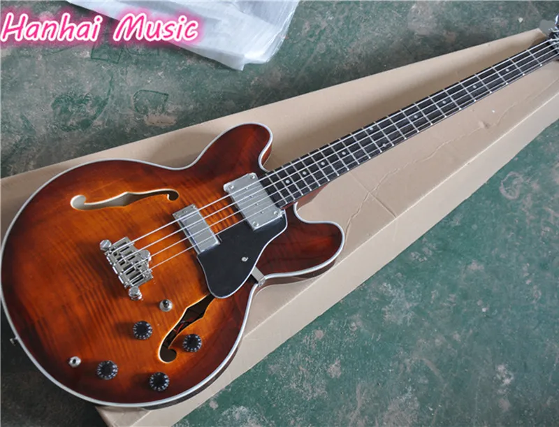 

4-String Electric Bass with Tobacco Sunburst Color and Flame Maple Veneer Front and Back,White Binding,can be Customized