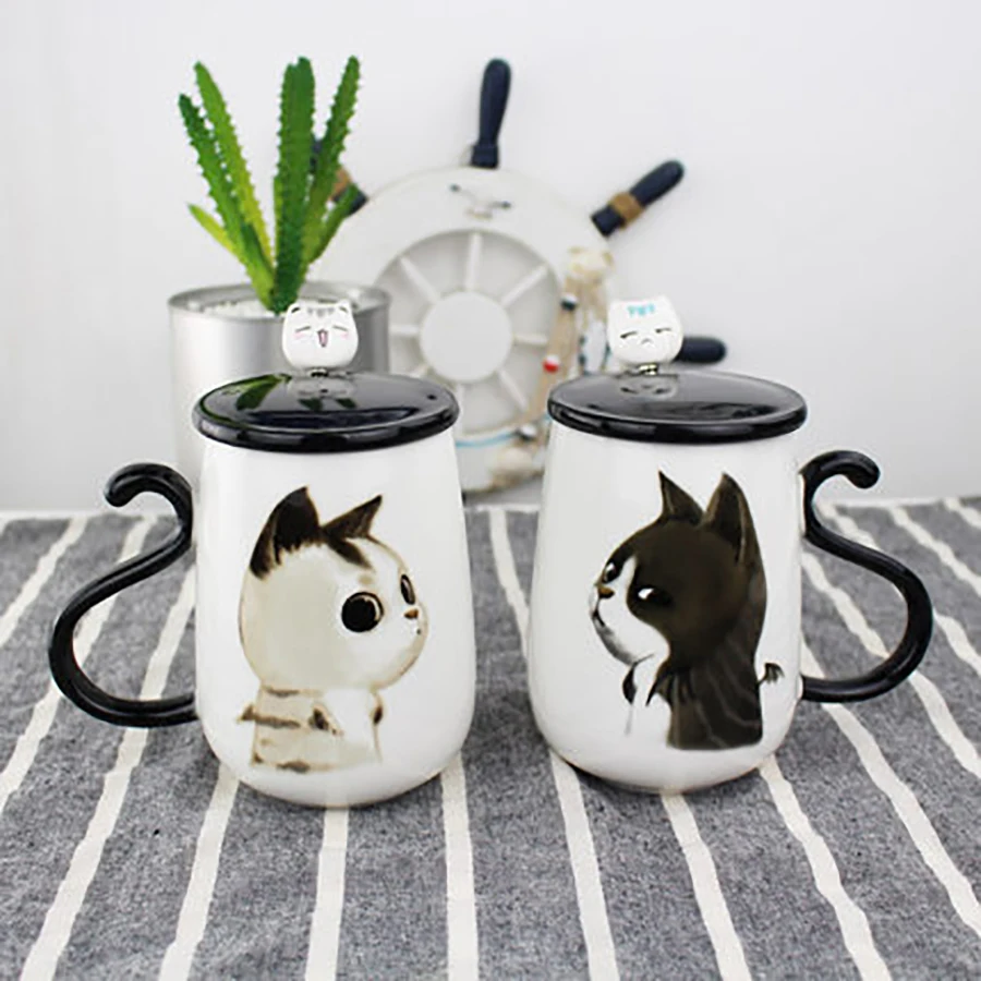 Керамика s милый кот Чай Кофе чашка деревянной ложкой крышка чашки Tazas де a Creativas