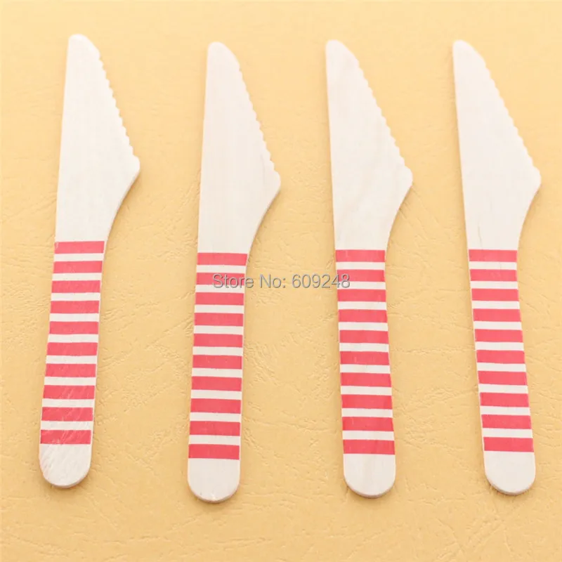 50pcs Red Striped Wood Knives Wedding Party Wooden Disposable Utensils
