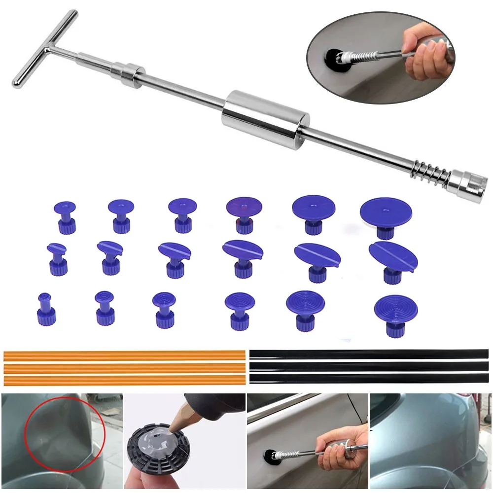

paintless dent remover bar Puller Kit PDR Puller Grip Slide Hammer T-Bar Tool with 18pcs Dent Removal Pulling Tabs for dent