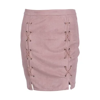 

2018 arrival Autumn Lace Up Leather Suede Pencil Skirt Winter Cross High Waist Skirt Zipper Split Bodycon Short Skirts Womens