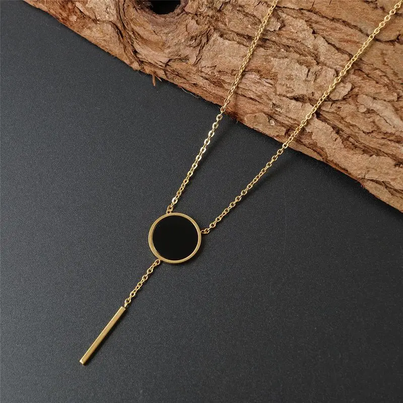 

Long Tassel Necklaces Stainless Steel Fashion Rose Gold Color Women Choker Pendant Necklace Black Round Disc Bohemian Jewelry