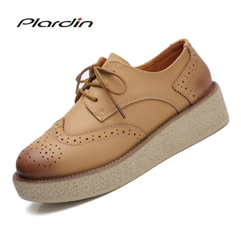 

Plardin Women Shoes Wedges Heel Shoes Woman Lace Up Round Toe Cutouts Sewing Genuine leathel Platform Heighten Shoes