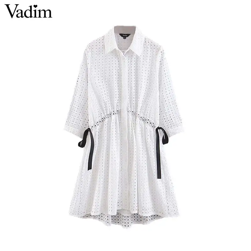 

Vadim women elegant embroidery hollow out mini shirt dress bow tie long sleeve dresses female chic A line dresses vestido QB923