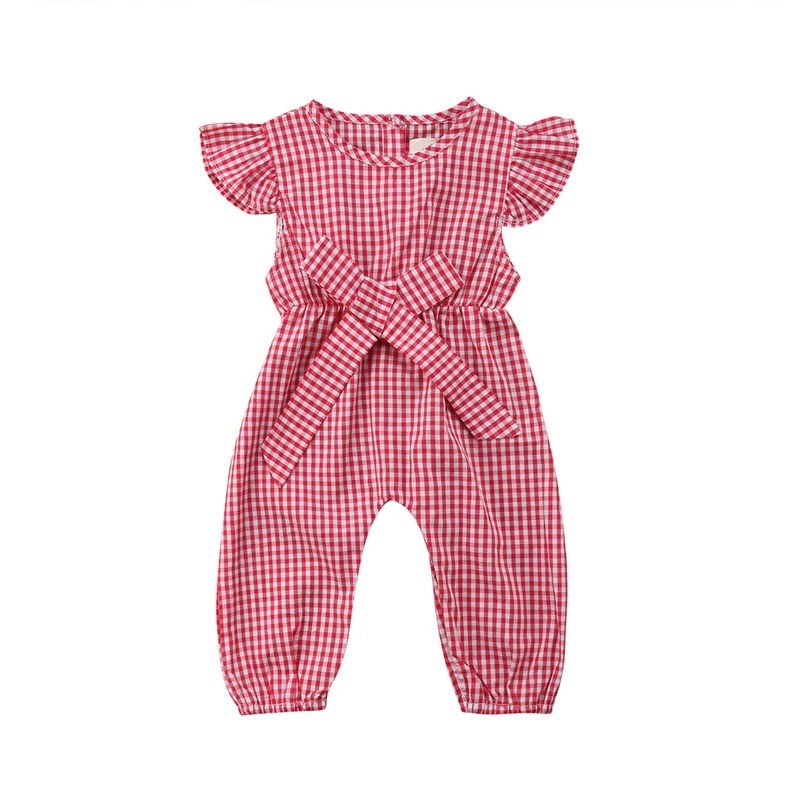 

2018 Brand New Toddler Infant Kids Baby Girls Summer Short Sleeve Overalls Jumpsuits With Belt Plaid Sunsuit Loose Clothing
