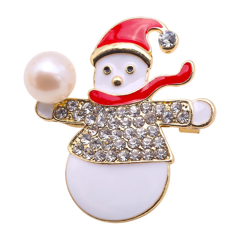 

JYX Enamel Brooches for women lovely snowman with red scarf 9mm white freshwater pearl brooch Christmas pin gift