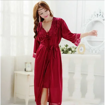 

1 Set Fashion Spring/Summer Sexy Women's Strap Nightgown Nightdress Sleepwear Female Silk Robe Twinset Pajamas