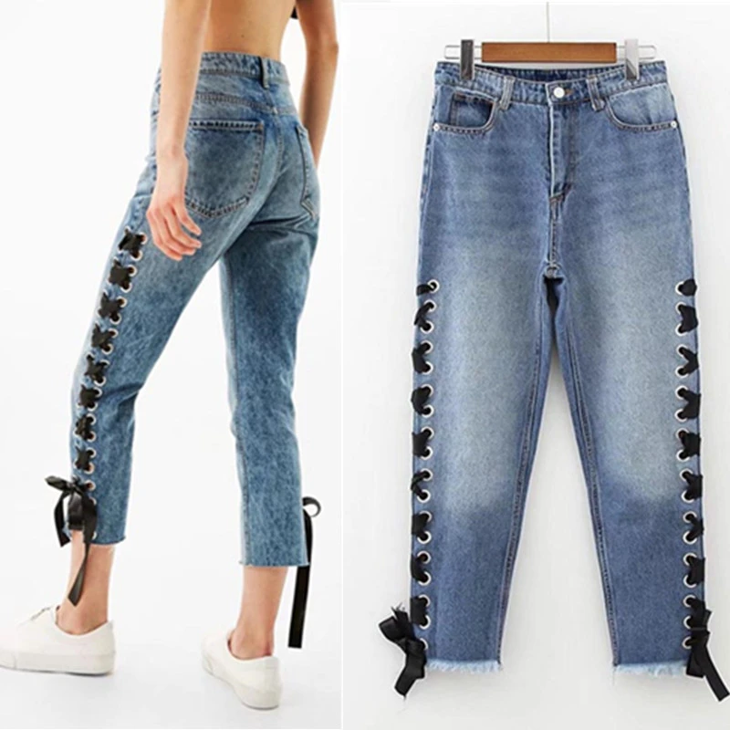 lace up zipper jeans