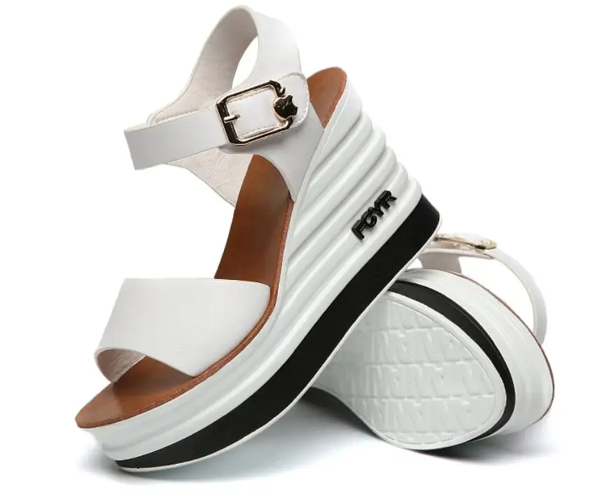 Г., новые летние женские босоножки из натуральной кожи на высокой танкетке женская обувь на толстой подошве с открытым носком женские босоножки, W705