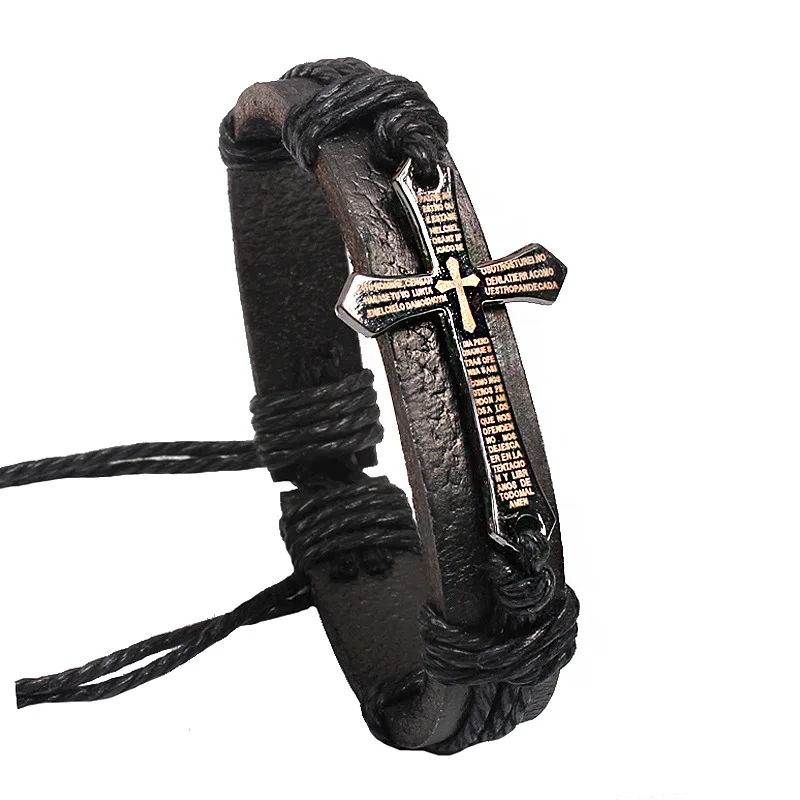 Новая мода мужские ювелирные изделия винтажные кожаные браслеты и браслеты металлический крест греческий веревочный браслет шнур, обработанный воском, с регулируемой длиной коричневый черный
