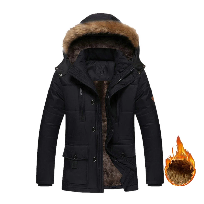 Men/'s Lamb Wool Thicken Long Fur Collar Badge Warm Drawstring Solid Parka Coat