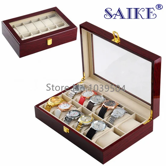 

Free Shipping 12 Grids MDF Brand Watch Storage Box Top Watch Display Box Red High Light Lacquer Jewelry Gift Boxes Case W036