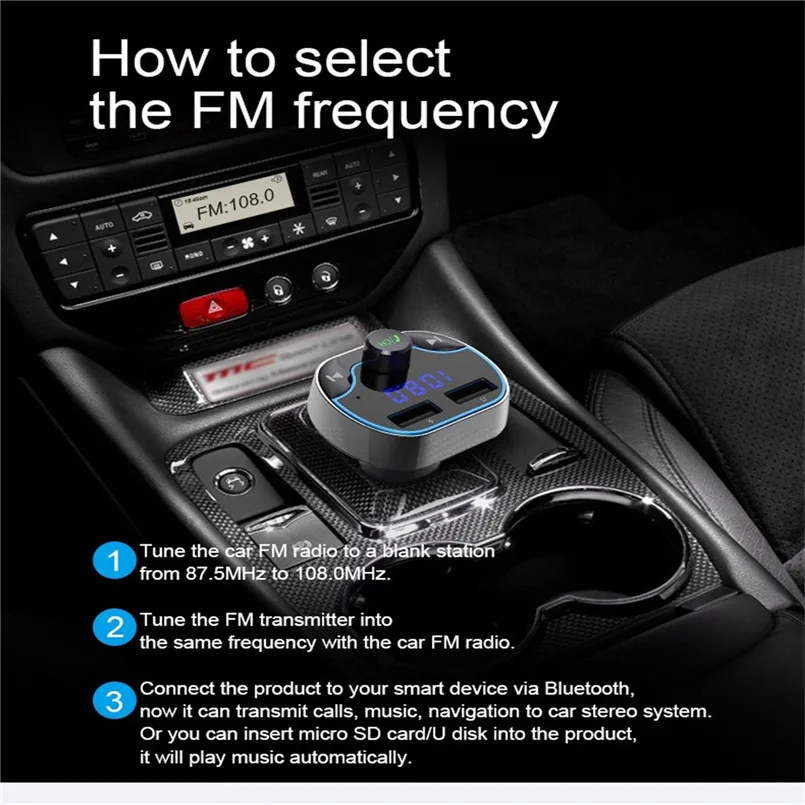 Wireless Bluetooth V4.2 Handsfree Car Kit FM Transmitter MP3 Player Support U Disk  TF Card Music Play Daul USB Charging 40NT23 (4)