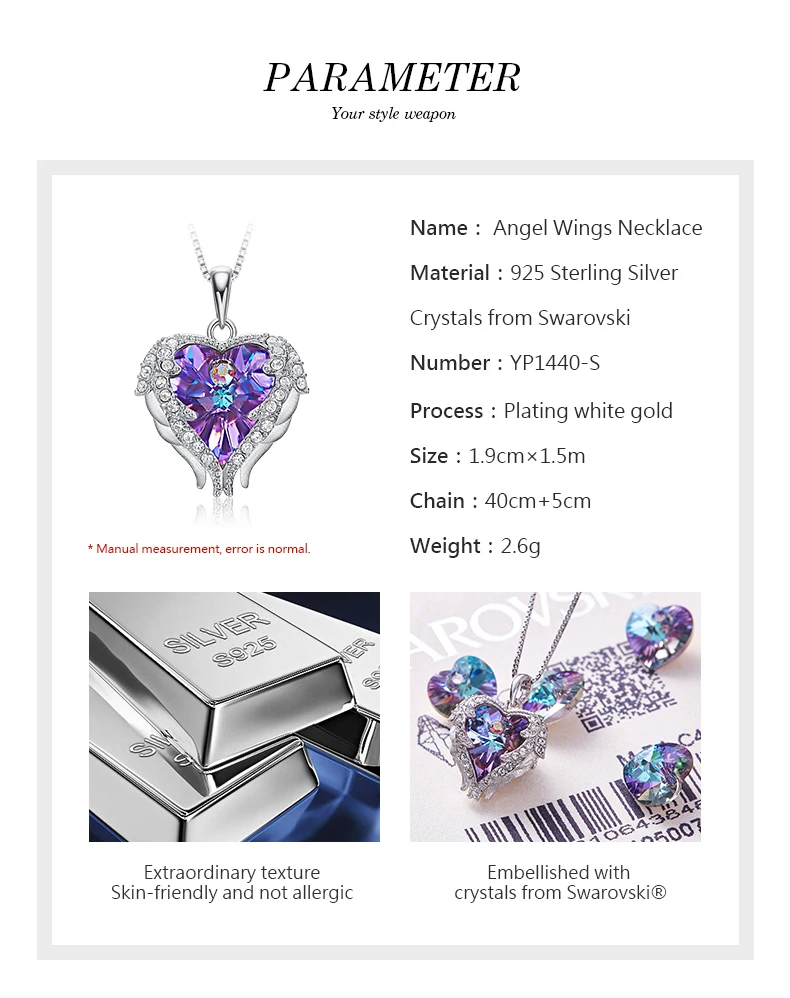 Cdyle настоящее 925 пробы серебряное ожерелье с фиолетовым кристаллом крыло ангела кулон в форме сердца для женщин обручальное ювелирное изделие