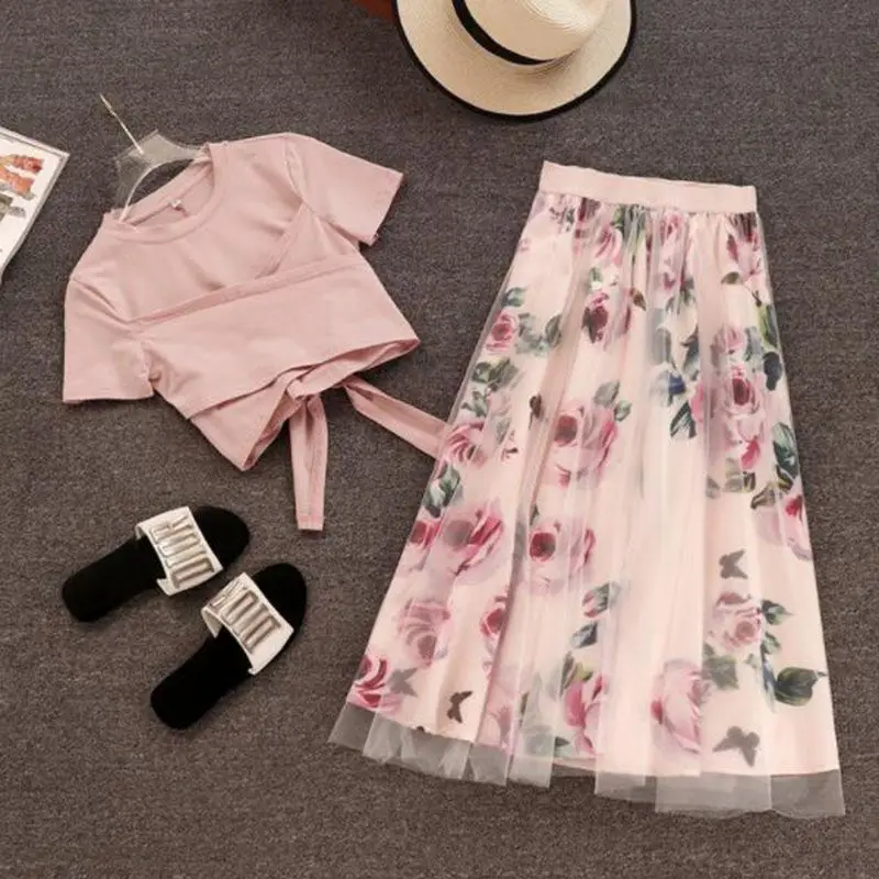 

New 2019 Elegant Pink 2 Piece Set Women Sweet Cross Bowknot Irregular Crop Top T Shirt s+ Mesh Floral Tulle Long Skirts Suits