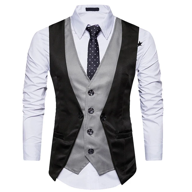 

Laamei 2019 New Vintage Slim Fit Male Waistcoat Sleeveless Casual Gilet Costume Business Dress Vest Formal Fake Two Vest Men