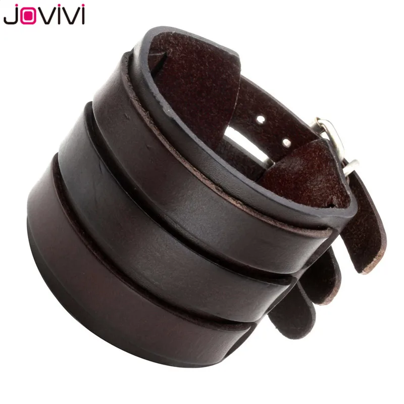 

Jovivi 1pc Punk Unisex Genuine Ox Leather Wide 3-layer Belt Wristband Bangle Cuff Bracelet 7.5"-9.2" Black Brown Cool Bracelets