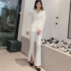 Корейская белая OL профессиональный костюм комплект Для женщин двубортный костюм Куртка Блейзер + Разделение расклешенные брюки костюм из