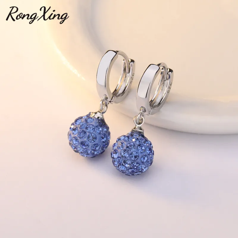 

RongXing Small Round Ball Rhinestone Drop Earrings for Women 925 Silver Filled Red/Blue Crystal Dangle Earrings Fashion Jewelry