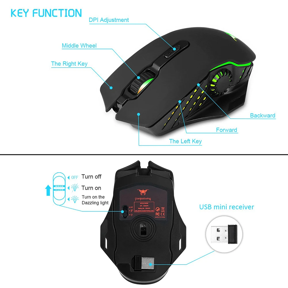Combaterwing W200 2 4G RGB Беспроводной игровой Мышь Перезаряжаемые 6 дыхание и 6000 Точек на
