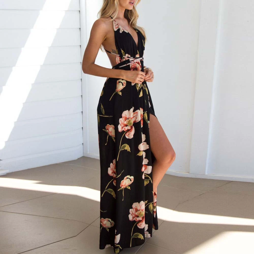 vestido de verano para mujer Boho Maxi vestido de noche Sexy vestidos de playa de vestido Floral Halter bata Mujer vestidos de verano| Vestidos| - AliExpress