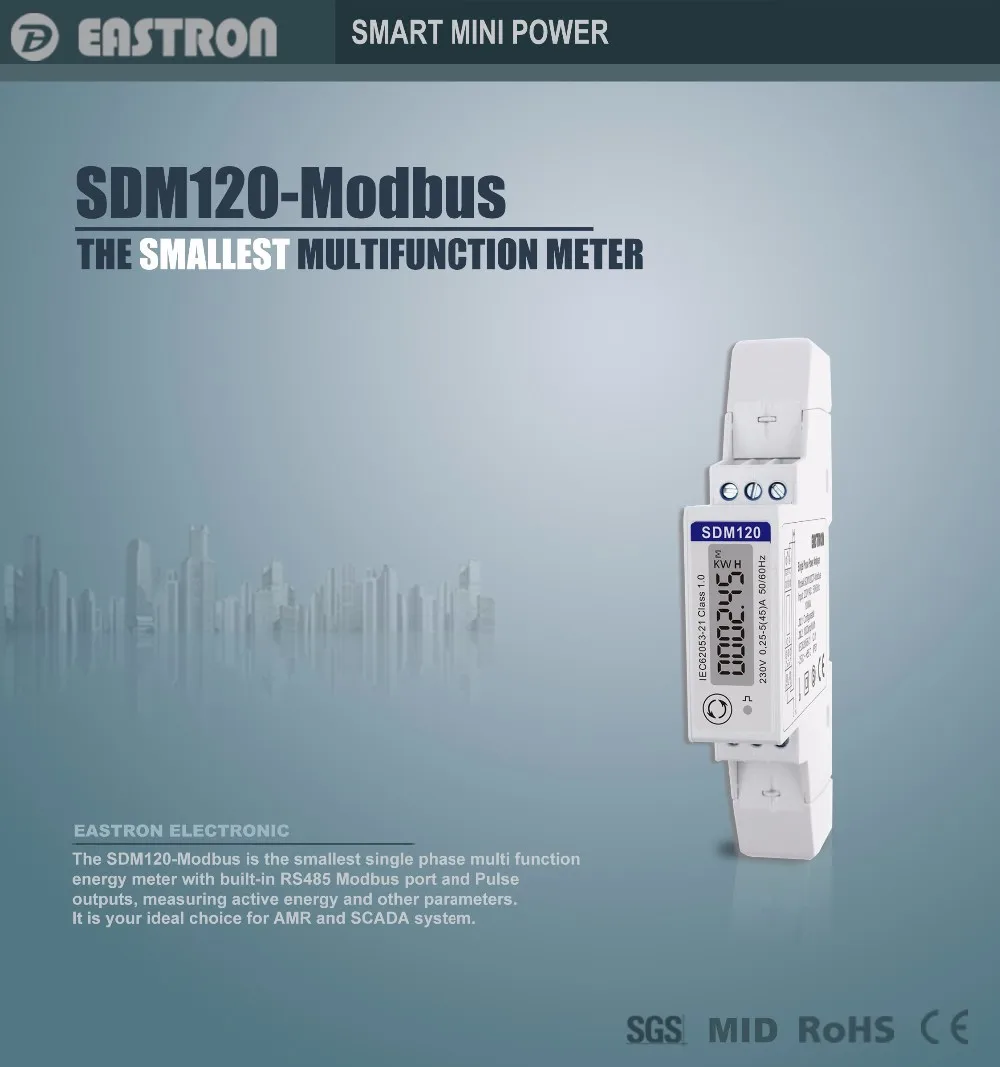 SDM120-Modbus,1 phase 2 wire, 0.25~5(45)A , 230V, RS485 Modbus, kwh,kvarh,U,I,P,Q,PF,Hz,dmd Measurement, DIN rail energy meter uv meter