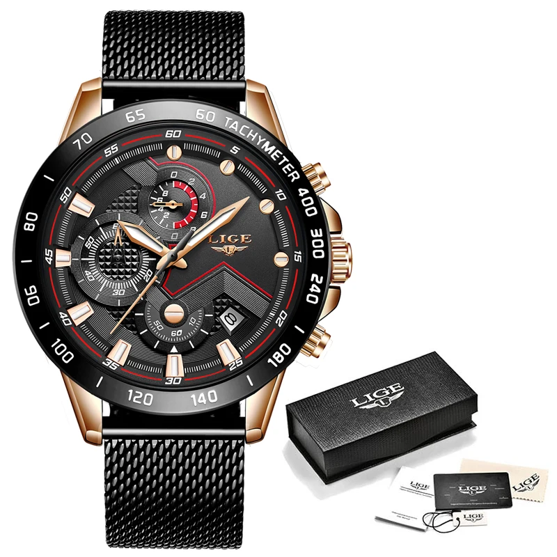 

Relogio Masculino LIGE Mens Multifunction Ultra-Thin Watches Mens Brand Business Quartz Watch Men's All Steel Sports Watch+Box