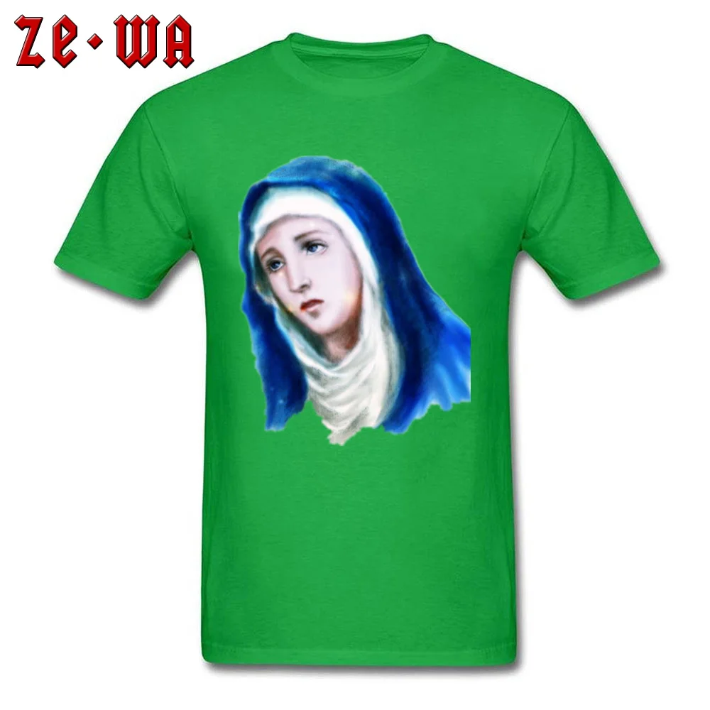 Fitted Men's T Shirt Virgin Mary Painting Printed On Tops Tees Pure Cotton Short Sleeve Classic T-shirts Crewneck Virgin Mary Painting green