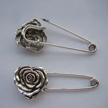 12 x Silver Tone Strong Metal Kilt Scarf Brooch Safety Pin With Rose Flower 51mm