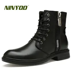 NINYOO/Новые модные Для мужчин из овечьей шерсти; обувь из натуральной кожи на молнии ботинки водонепроницаемые ботинки «Martin» на открытом