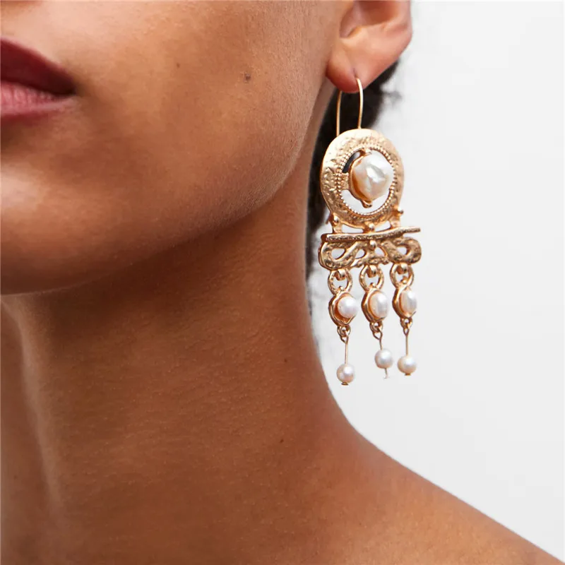 

BUTEELUVV Bohemian Geometric Metal Earrings Fashion Jewelry Vintage Baroque Imitation Pearl Tassel Drop Earrings for Women