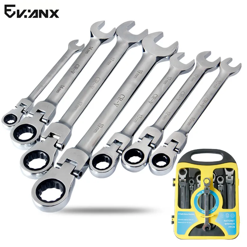 7Pcs Spanner Wrench 8-19mm Flexible Head Multi-Functional Ratchet Spanner
