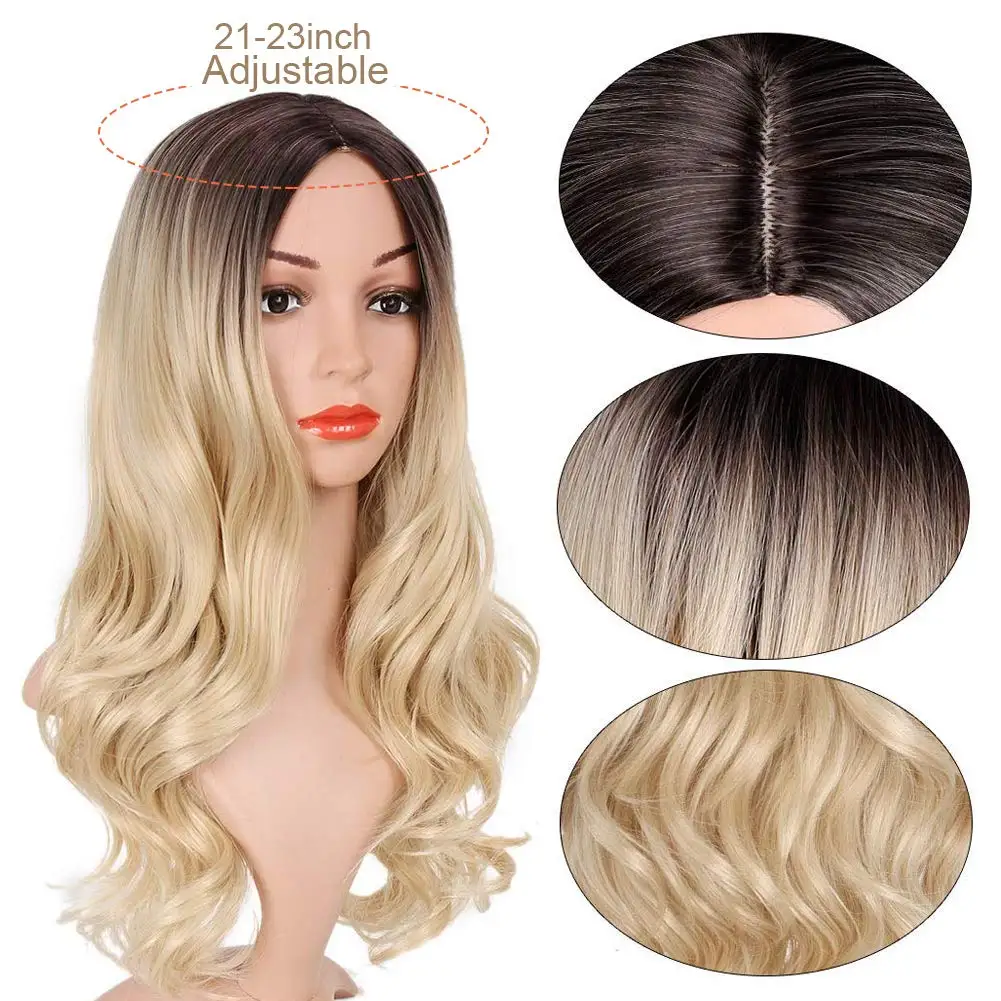 AOSI Long Wavy 24" Synthetic Hair Middle Part Ombre Brown Blonde Heat Resistant Cosplay Wig For Women