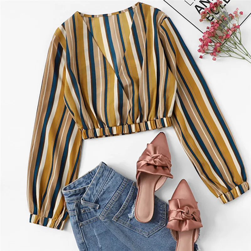 Women Sexy Striped Chiffon Long-Sleeve Blouse V-Neck Crop Tops Daily Shirt Blouses Pour Femmes Blusas Femeninas Elegantes A1 |