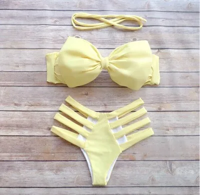 bow shape bright yellow two pieces bikini swimwear swimsuits bathing suits (1)