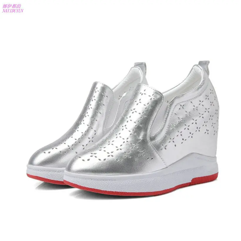 

NAYIDUYUN Women Shoes Cow Leather Breathable Round Toe High Heel Party Pumps Lady Slip On Wedge Platform Summer Punk Sneakers