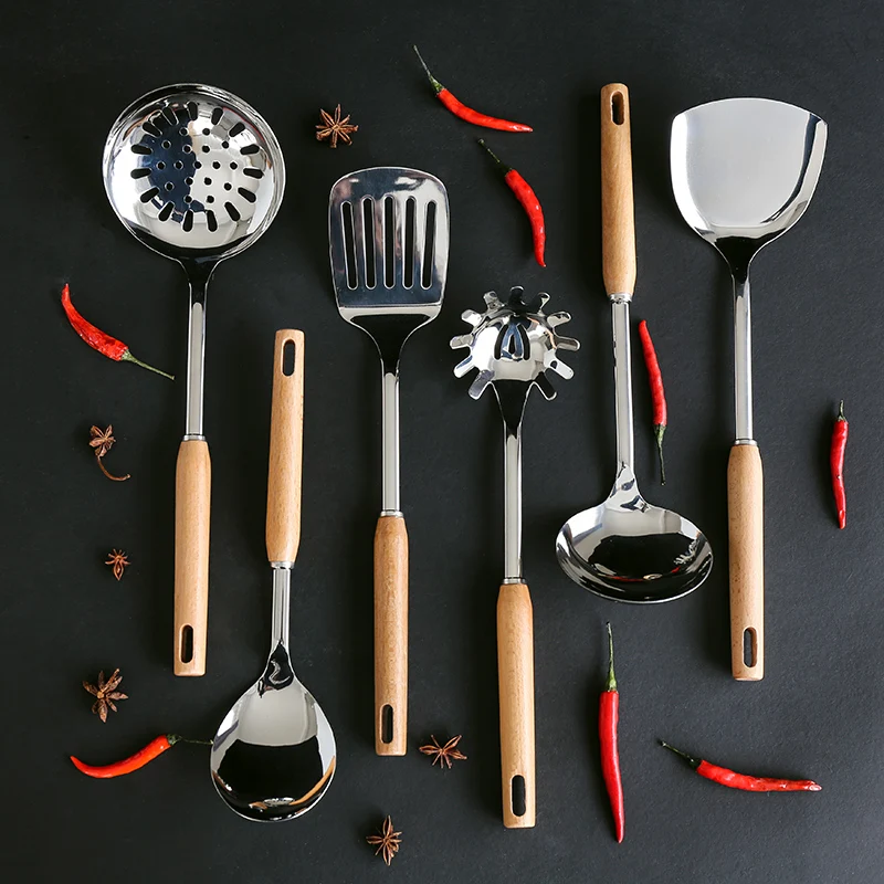 

Japan Style Stainless Steel Spoons Beech Wood Handle Creative Rice Scoop Soup Spoon Turner Kitchen Cooking Set