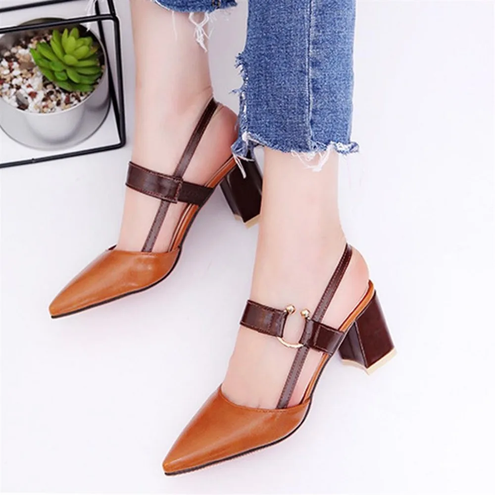 

Sexy Women Summer Thick Square Heels Leather Sandals Elegant Office Lady Party Night Club Strap Brown High Heel Point Toe Shoes