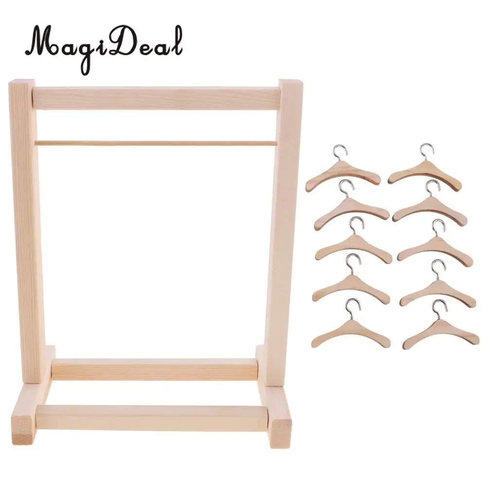 DIY Assembled Wooden Clothes Hanging Shelf&10 Pieces Clothes Hook Hanger for 12 Inch Dolls Dollhouse Bedroom Accs Decor